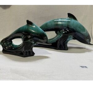 Blue Mountain Pottery set of 2 Dolphin Wave Figurine Teal Blue Glaze #216